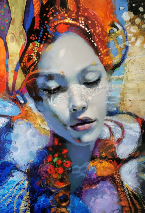 Modern woman portrait painting with vibrant colors and ornamental details
