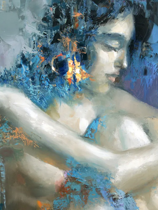 Spanish woman portrait painting with blue tones and expressive style