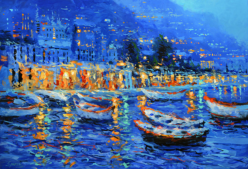 Boat at the pier at night with city lights – original night cityscape painting by Dmitry Spiros