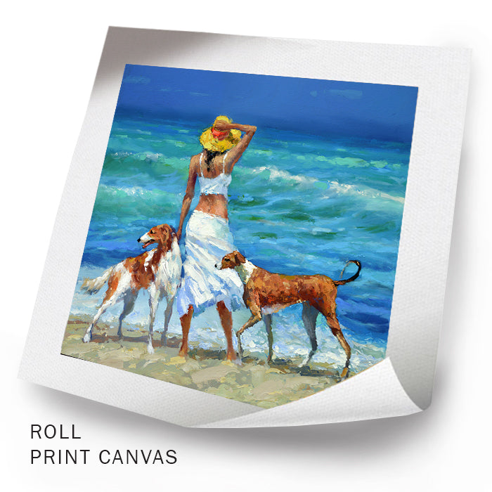 Figurative beach painting of a woman with dogs by the sea by Dmitry Spiros – Caribbean Wind