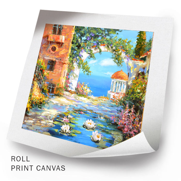Unframed coastal city painting showing path leading to the sea