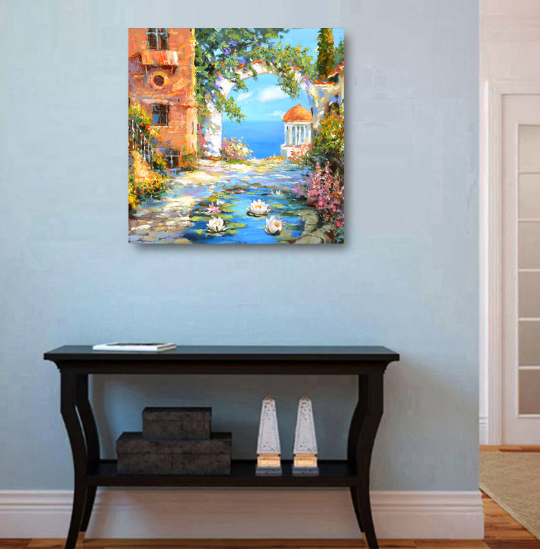 Coastal city wall art displayed in a modern home interior