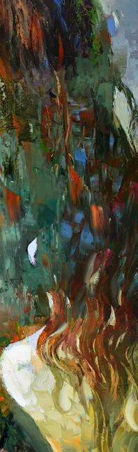 Detailed section of the canvas emphasizing rich textures, earthy tones, and contemporary abstract brushwork.