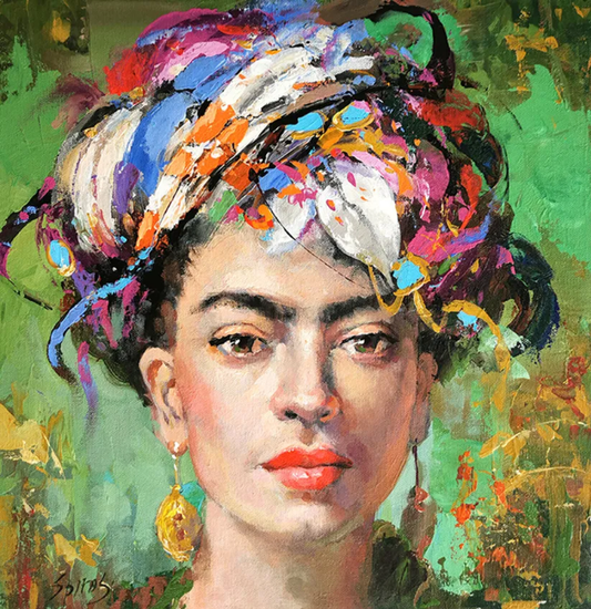 Contemporary woman portrait painting featuring vibrant colors, expressive facial details, and textured brushstrokes on canvas.