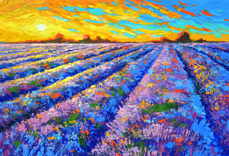 Landscape painting of a colorful lavender field, featuring vibrant purple tones, flowing perspective, and expressive brushwork inspired by natural countryside scenery