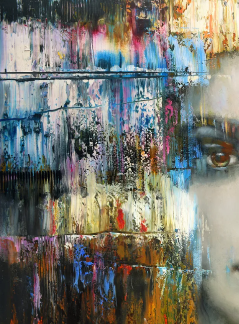 Detailed view of the woman's face emphasizing elegant features, abstract textures, and expressive contemporary style.