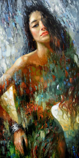 Modern full-body woman painting featuring vibrant colors, textured brushwork, and expressive figurative composition on canvas.