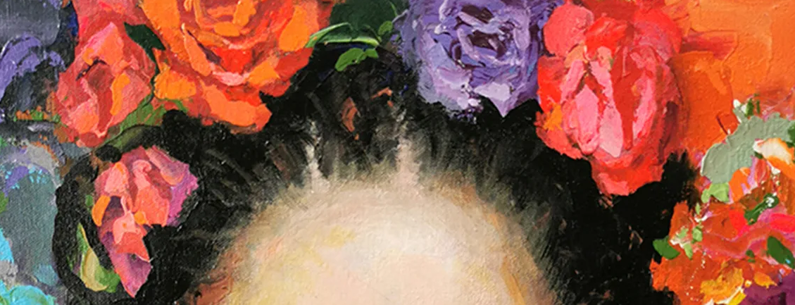 Detailed close-up of the upper section of the portrait emphasizing floral decorations, expressive eyes, and modern artistic textures.