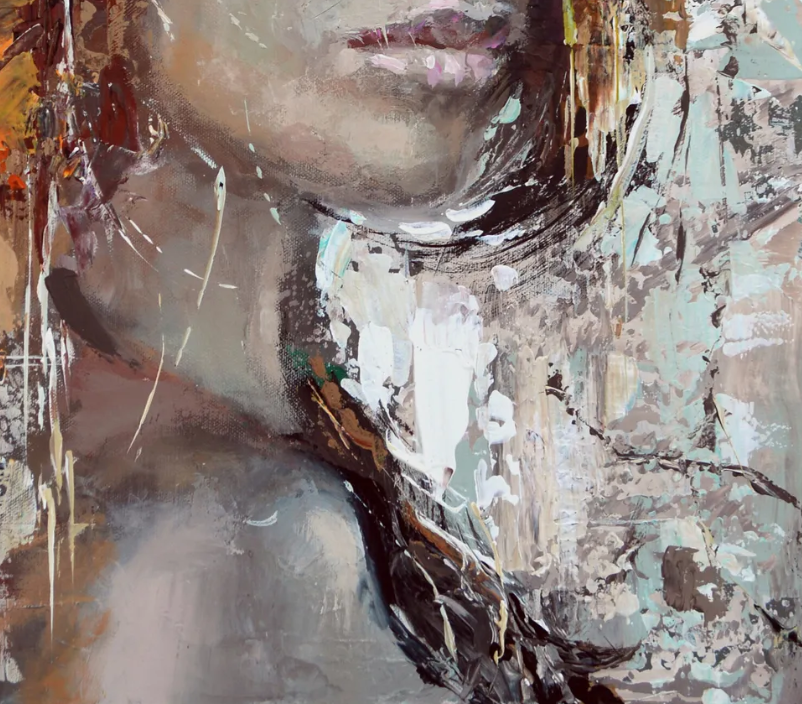 Detailed section of contemporary woman portrait painting with layered textures