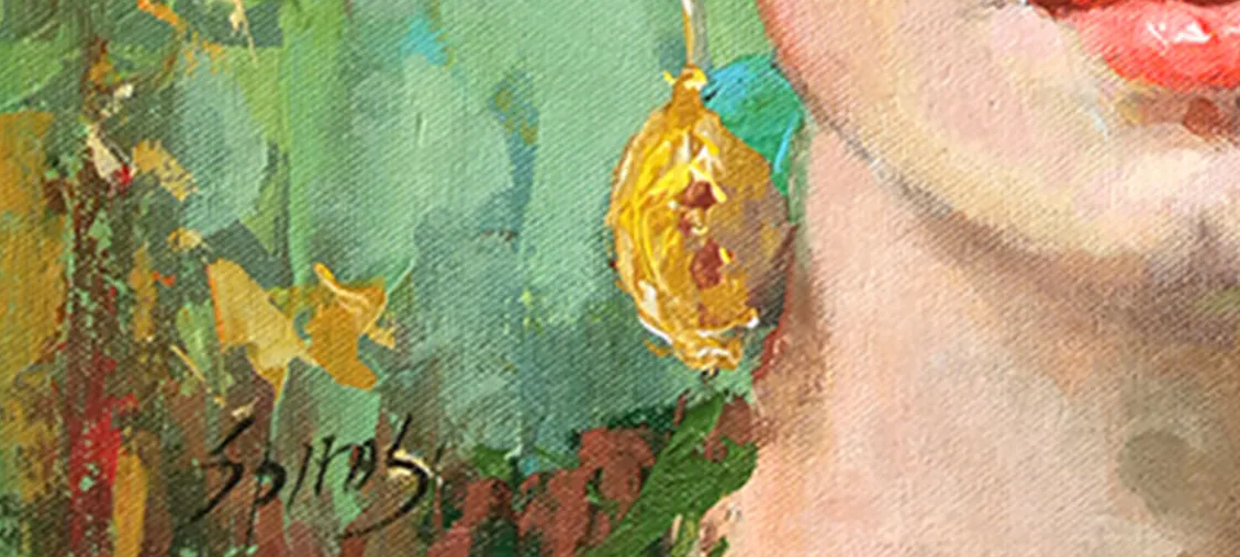 Close-up of the portrait showing elegant jewelry, vibrant colors, and textured brushstrokes on canvas.