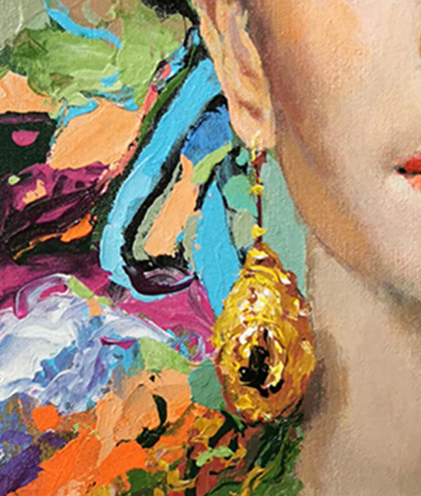 Close-up showing elegant jewelry, vibrant colors, and textured brushwork within the contemporary portrait painting.