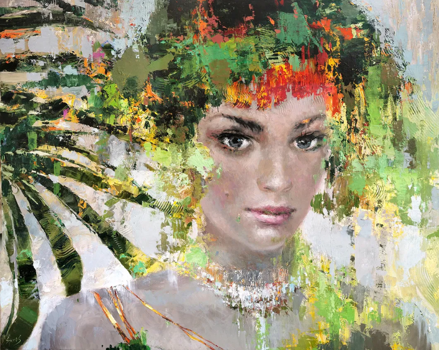 Modern woman portrait painting with floral details and natural green colors