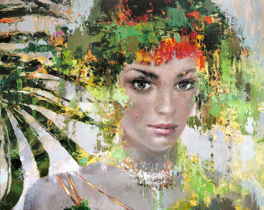 Modern woman portrait painting with floral details and natural green colors