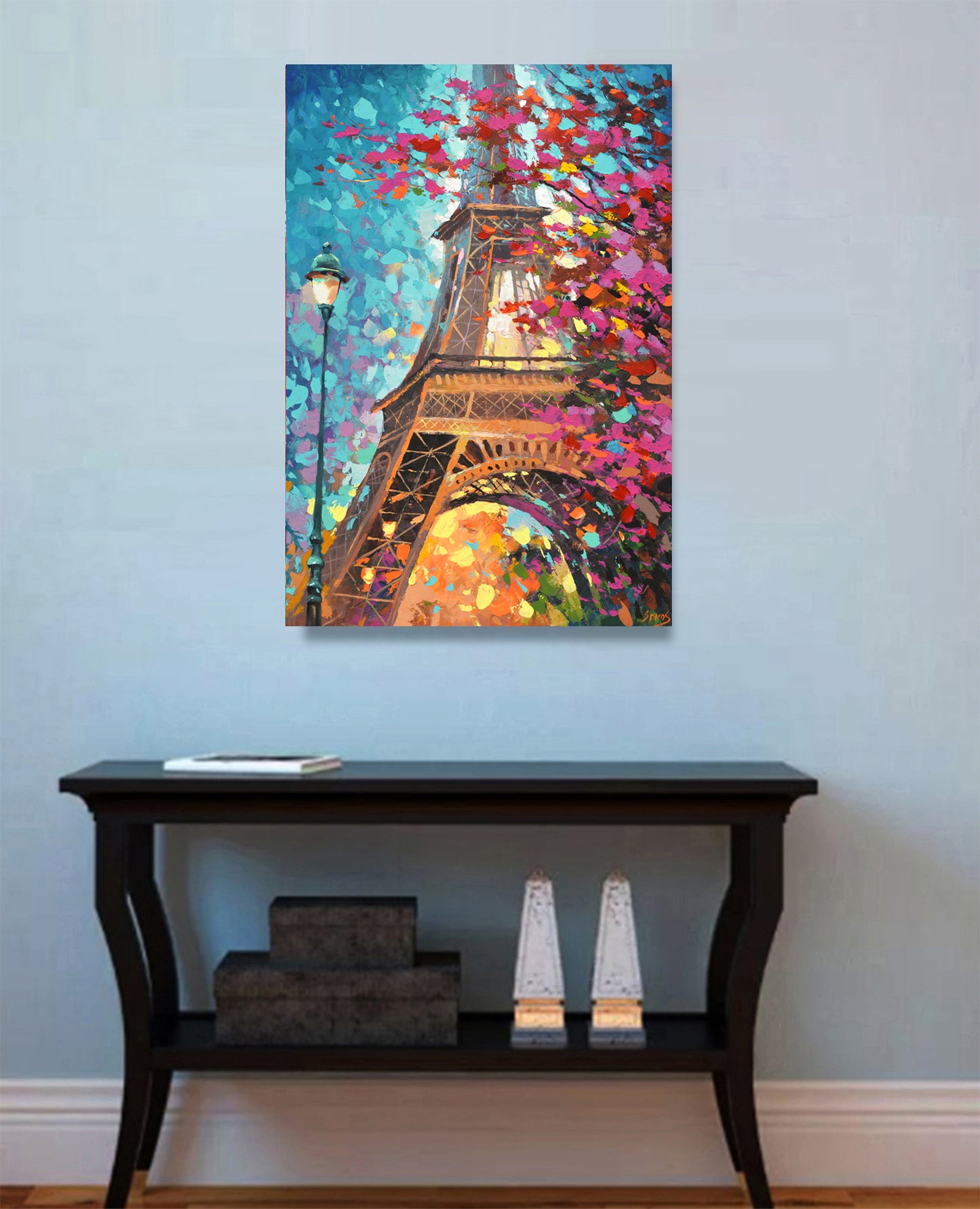 Paris cityscape painting depicting autumn streets, expressive brushstrokes, and classic Parisian Effel tower fine art by Dmitry Spiros.