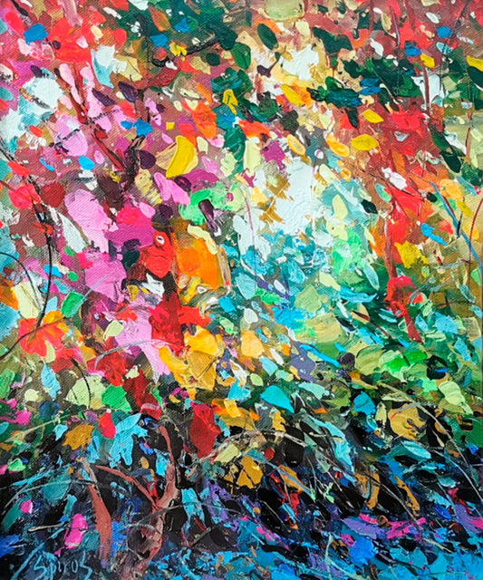 Atmospheric landscape painting capturing evening dew with soft twilight light, gentle reflections, and a calm natural mood