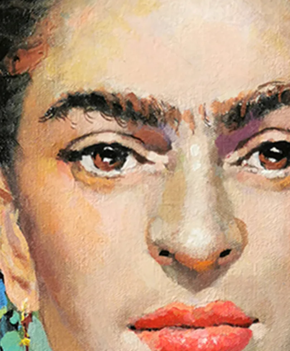 Close-up of the woman's expressive face highlighting colorful brushstrokes, detailed eyes, and contemporary portrait techniques.