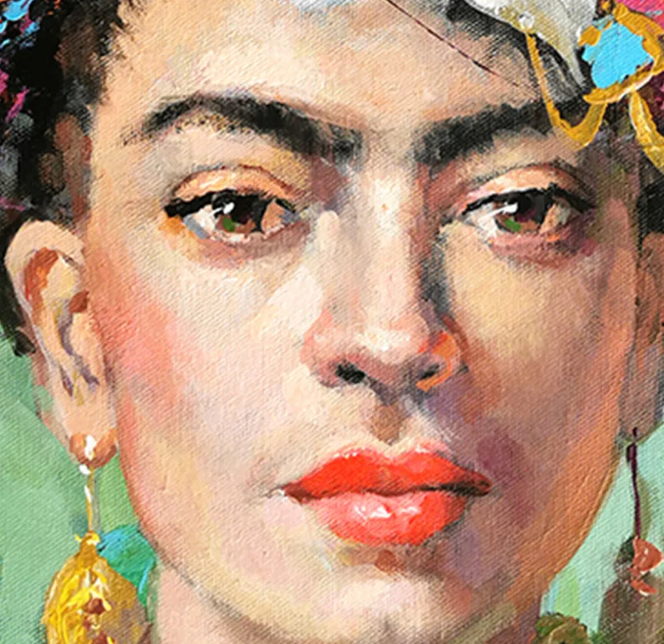 Close-up of the woman's face highlighting expressive eyes, colorful brushwork, and contemporary portrait painting techniques.