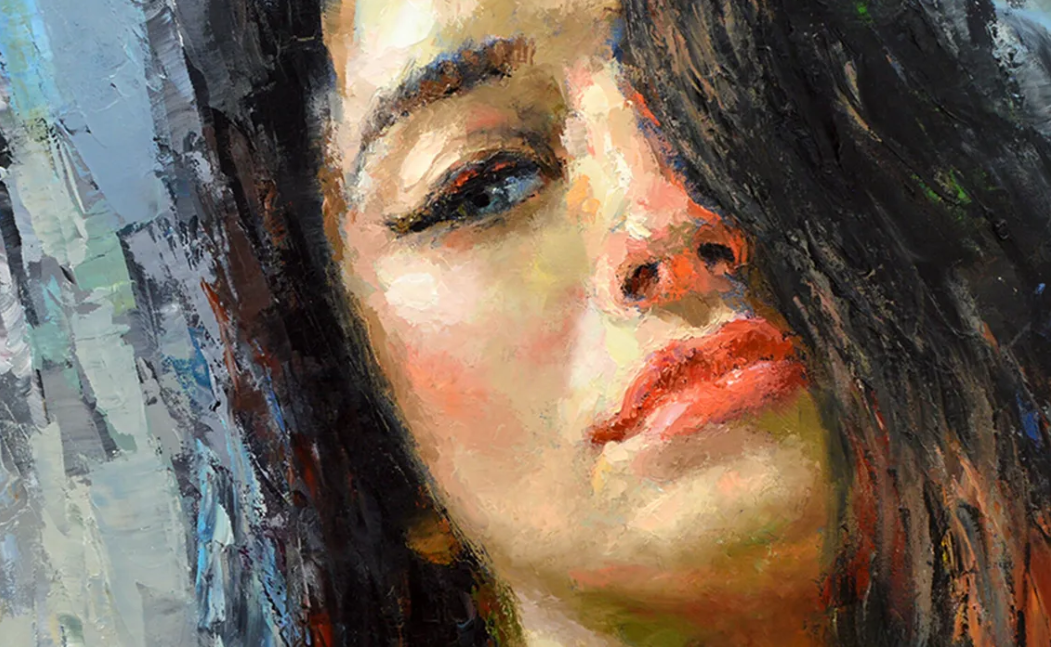 Detailed close-up of the woman's face featuring soft expressions, vibrant colors, and contemporary painting techniques.