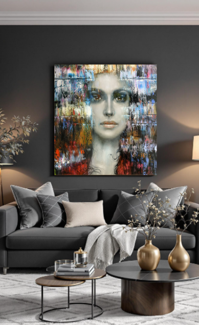 Close-up of expressive eyes featuring layered paint textures, soft blue tones, and modern abstract brushstrokes.