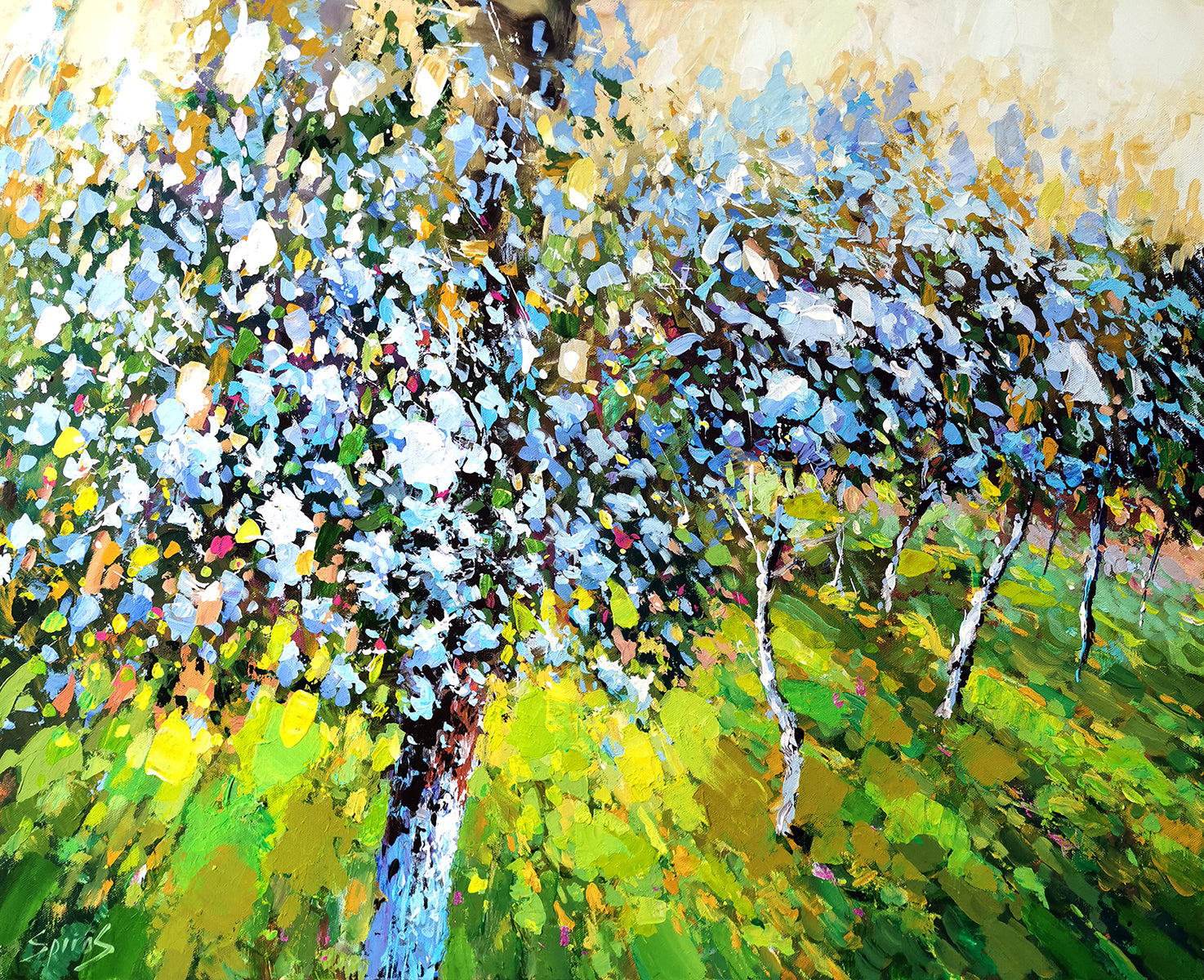 Floral landscape painting inspired by a blooming evening scene, featuring soft dusk light, gentle colors, and expressive brushstrokes