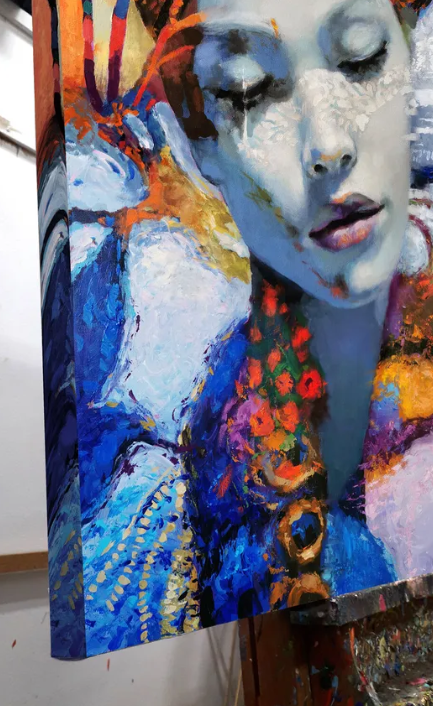 Vertical close-up of colorful woman portrait painting with artistic textures