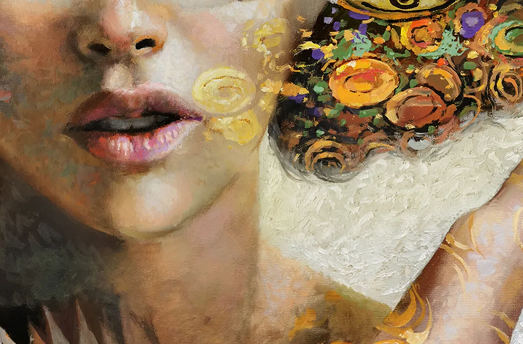 Close-up of woman portrait painting with soft expression and warm tones