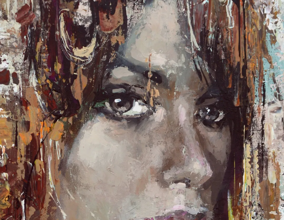 Close-up detail of woman portrait painting with expressive eyes and textures