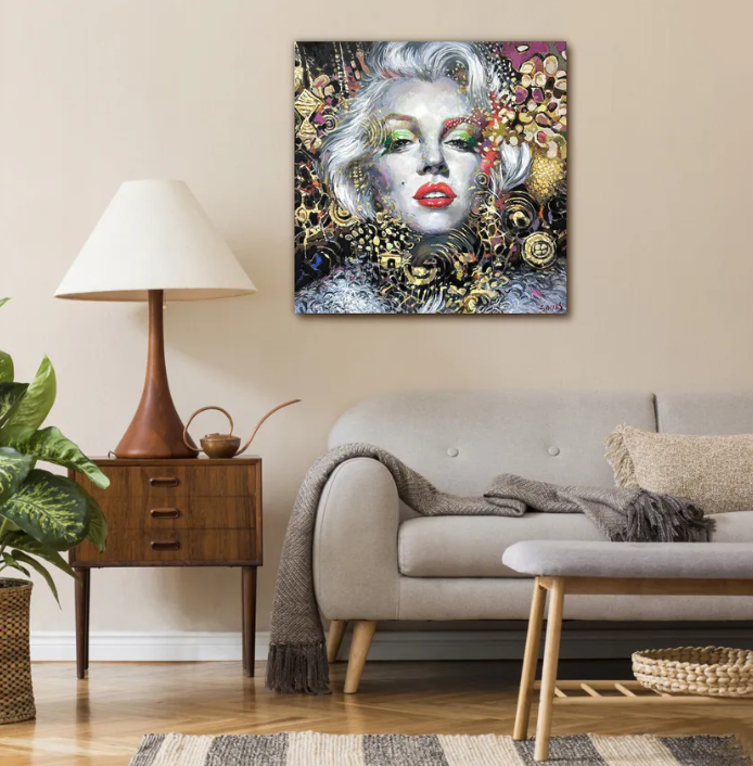 Modern female portrait painting displayed in a stylish living room