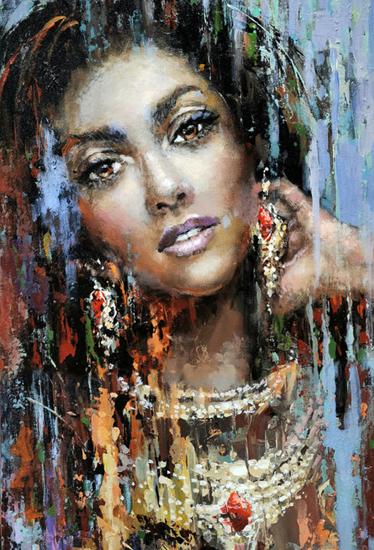 Expressive female portrait painting with soft colors