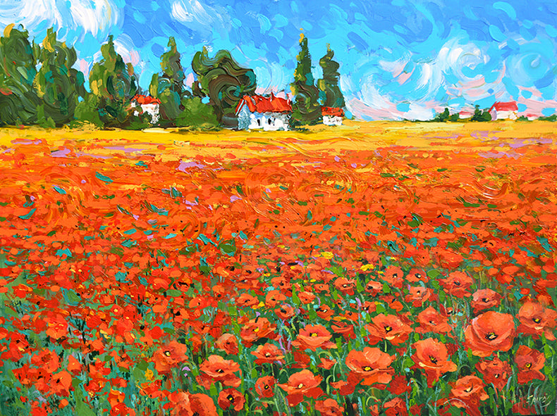 Vibrant landscape painting of a field filled with red poppies, featuring expressive brushstrokes, bright summer colors, and a lively natural atmosphere