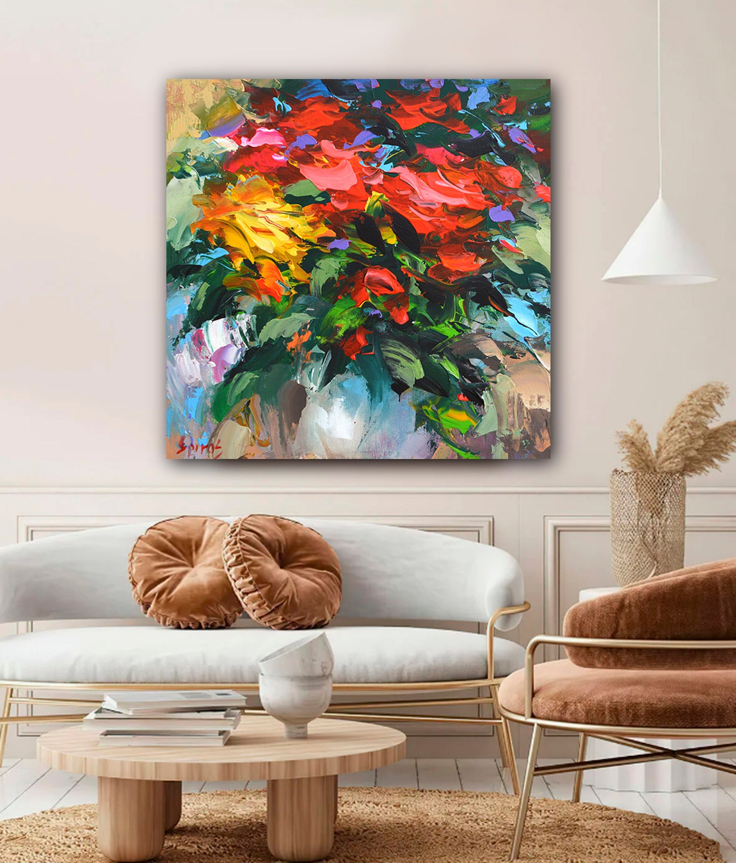 Floral still life wall art with yellow flowers in modern interior