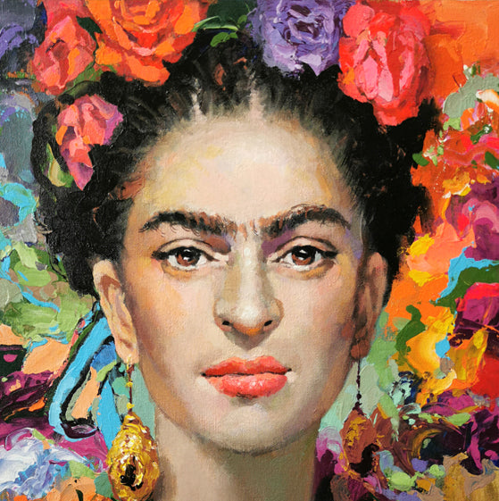 Expressive woman face portrait painting inspired by Frida Khalo, highlighting strength, identity, and emotional depth through contemporary artistic composition