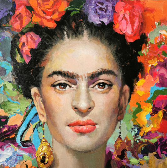 Expressive woman face portrait painting inspired by Frida Khalo, highlighting strength, identity, and emotional depth through contemporary artistic composition