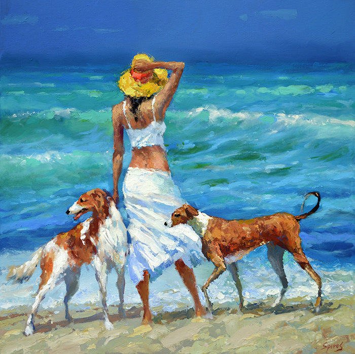 A girl walking two dogs along the seashore, with waves breaking on the beach in a painterly, expressive style
