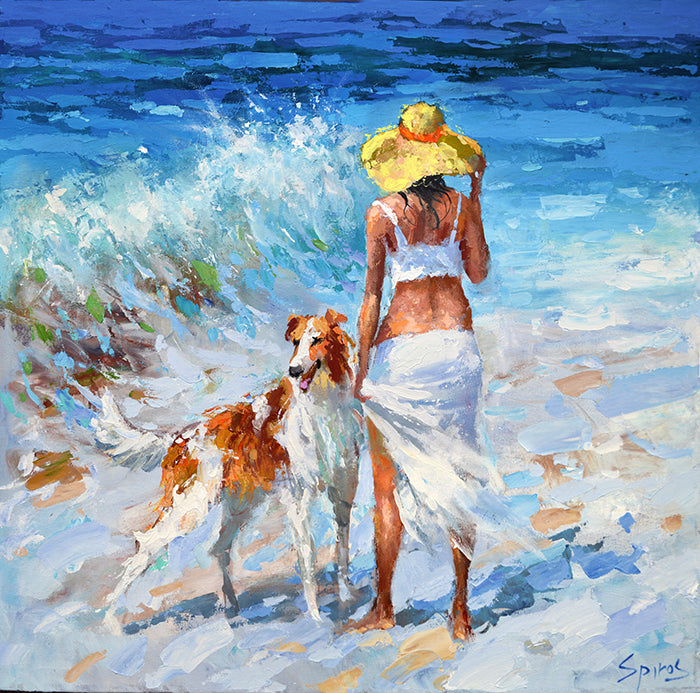 A painting of a girl walking along the seashore with her dog beside her, waves gently touching the shore under a calm coastal sky.