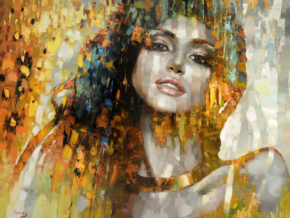 Modern woman portrait painting with golden colors and expressive textures