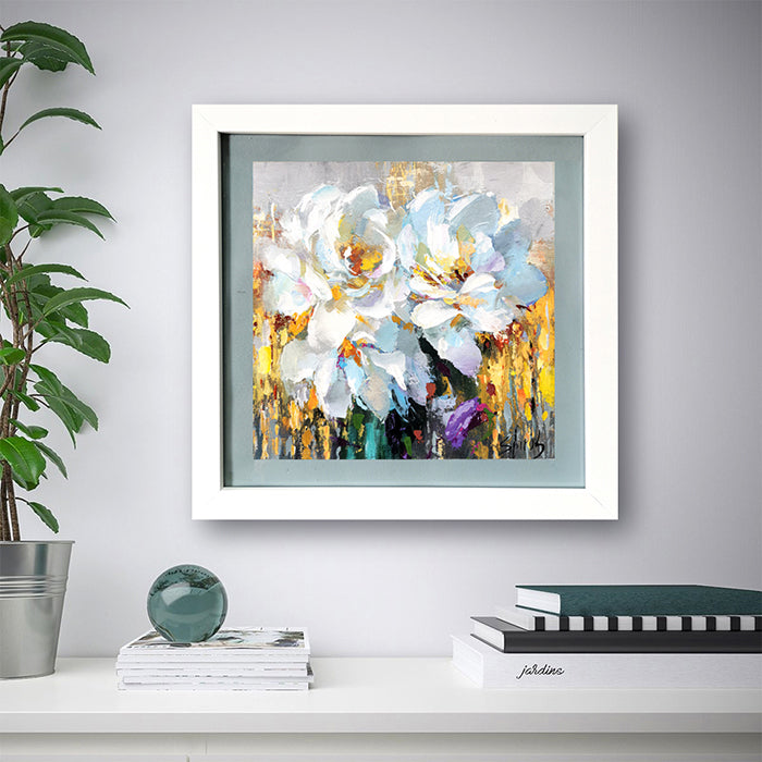 Abstract white flowers on canvas with frame