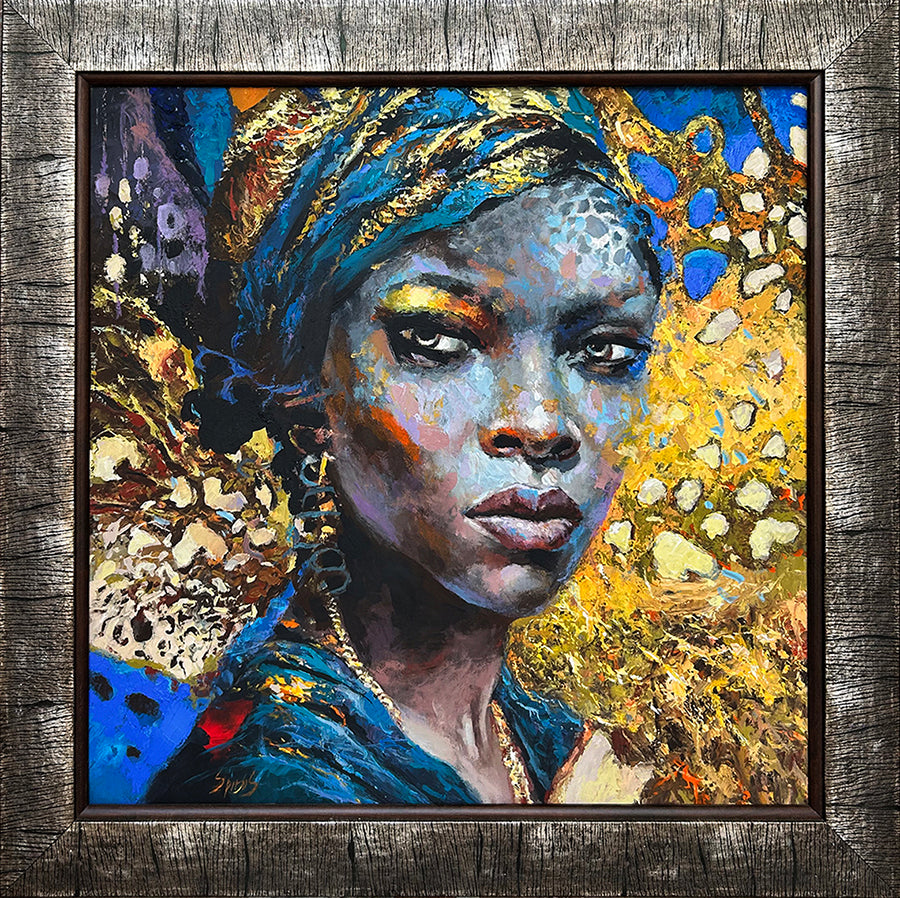 Expressive female portrait painting with palette knife texture, blue and gold contemporary art