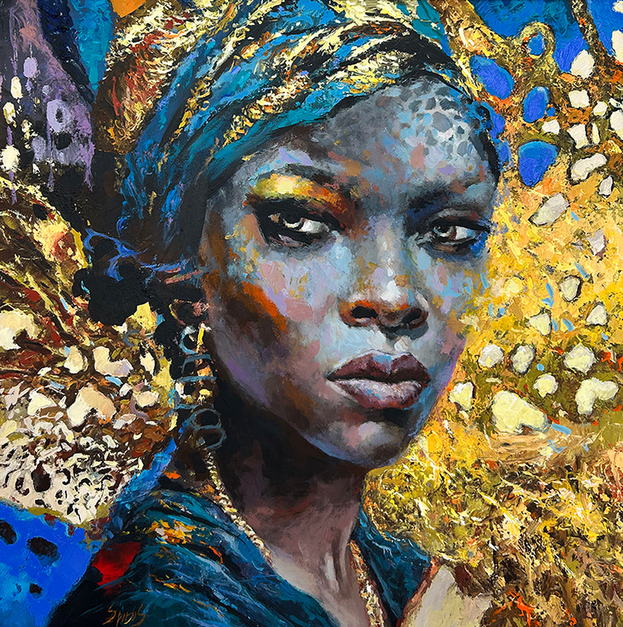 Textured female portrait painting with blue and gold colors, palette knife oil and acrylic, ornamental expressionist style