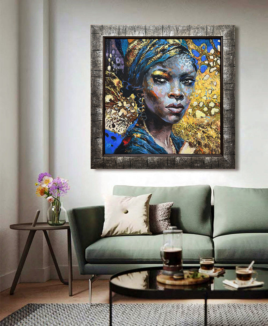 Contemporary textured female portrait in blue and gold, oil and acrylic palette knife painting