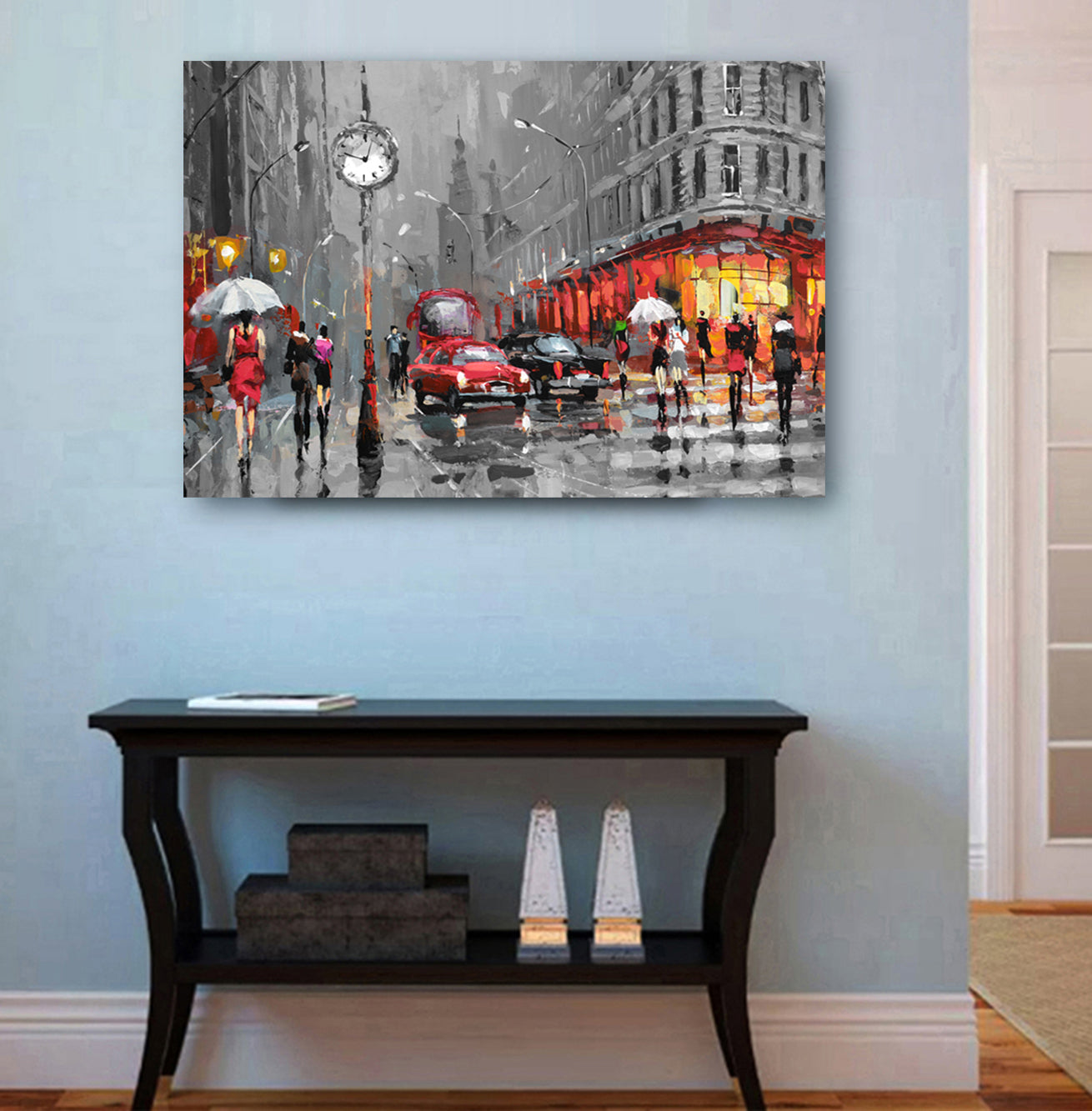 Impressionist cityscape painting Rainy city London | Impressionist Cityscape, featuring reflective streets, soft urban lights, and atmospheric brushwork inspired by classic European scenes