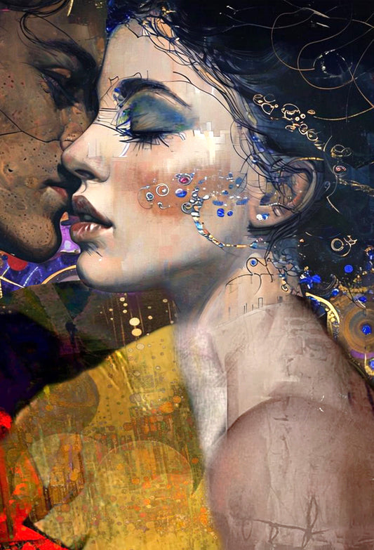 Impressionist lovers painting on canvas showing a romantic couple in a tender moment, soft brushstrokes, warm light, and expressive textures, wall art by Dmitry Spiros.