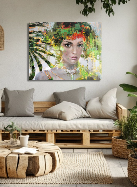 Nature inspired woman portrait canvas displayed in contemporary home decor
