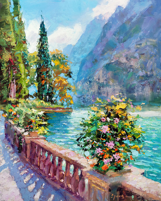 Italian lake landscape painting with flowers and mountains