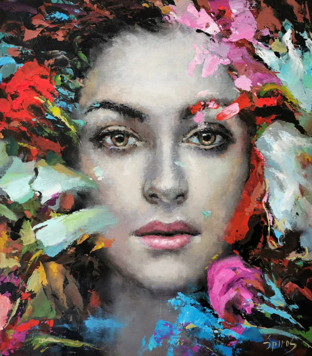 Modern woman portrait painting with vibrant colors and abstract floral details