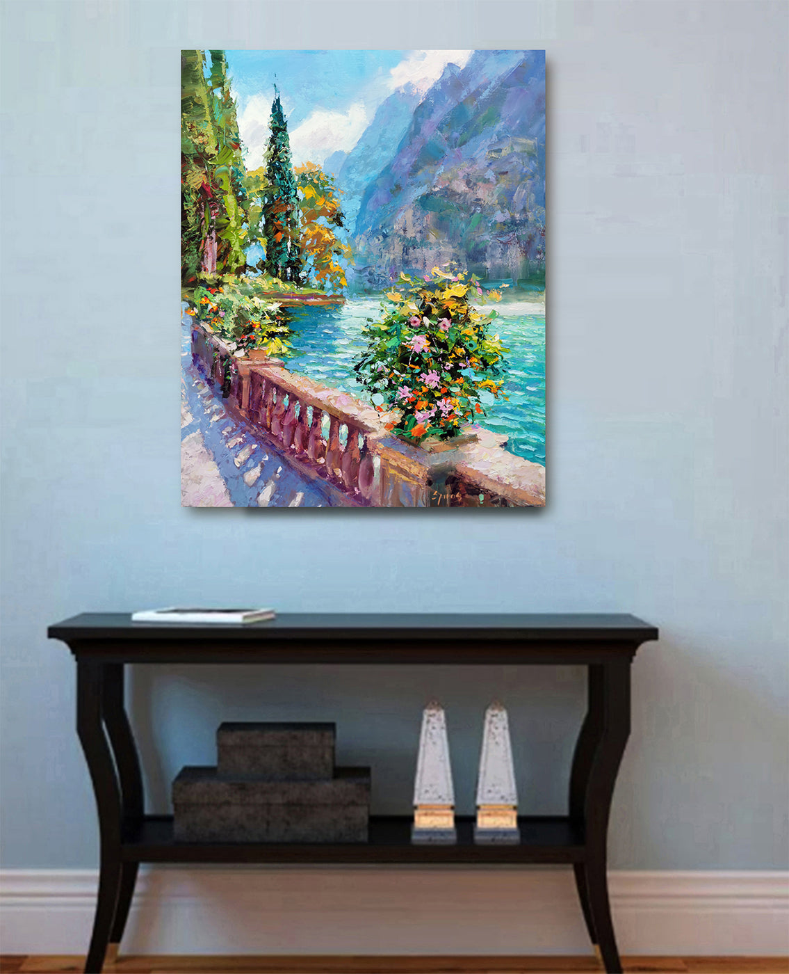 Lake Como scenery painting with floral foreground