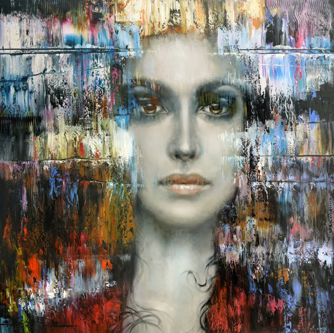 Contemporary woman portrait painting showcased above a sofa, creating an elegant focal point for modern interior design.