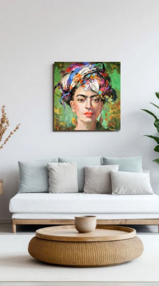 Colorful woman portrait canvas decorating a stylish living room with contemporary furniture and elegant home decor.