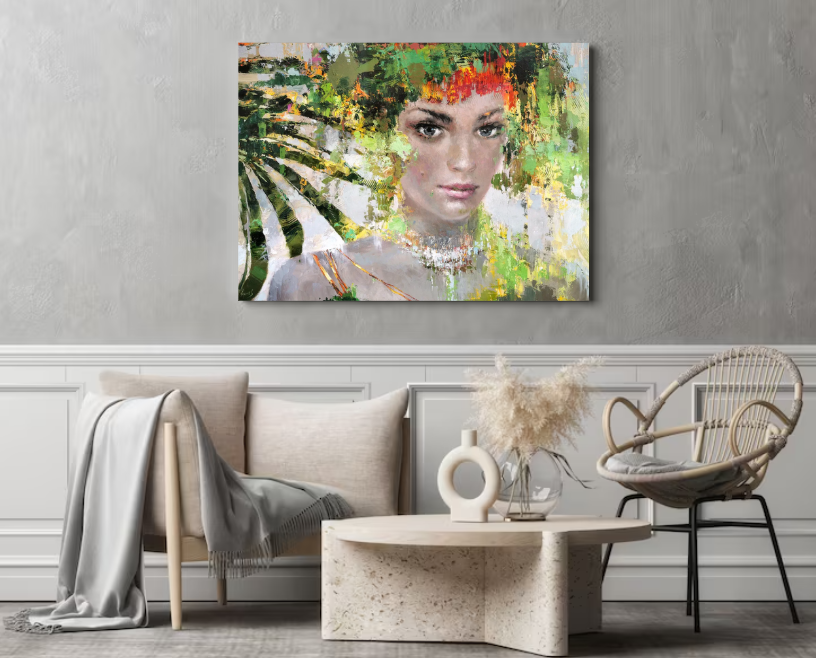 Woman portrait painting displayed in a modern living room interior