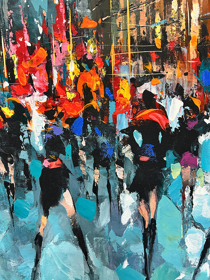 night city painting with skyscrapers, pedestrians and neon lights contemporary urban artwork